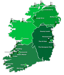 Map of Ireland showing the main regions for golf courses
