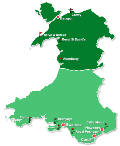 Map of Wales with the two main golf courses regions