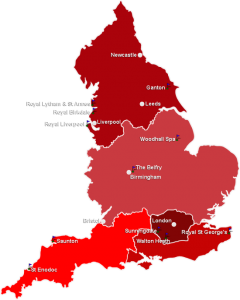Map of England showing the regions for golf courses