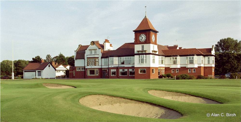 Bunkers and clubhouse at Formby golf course