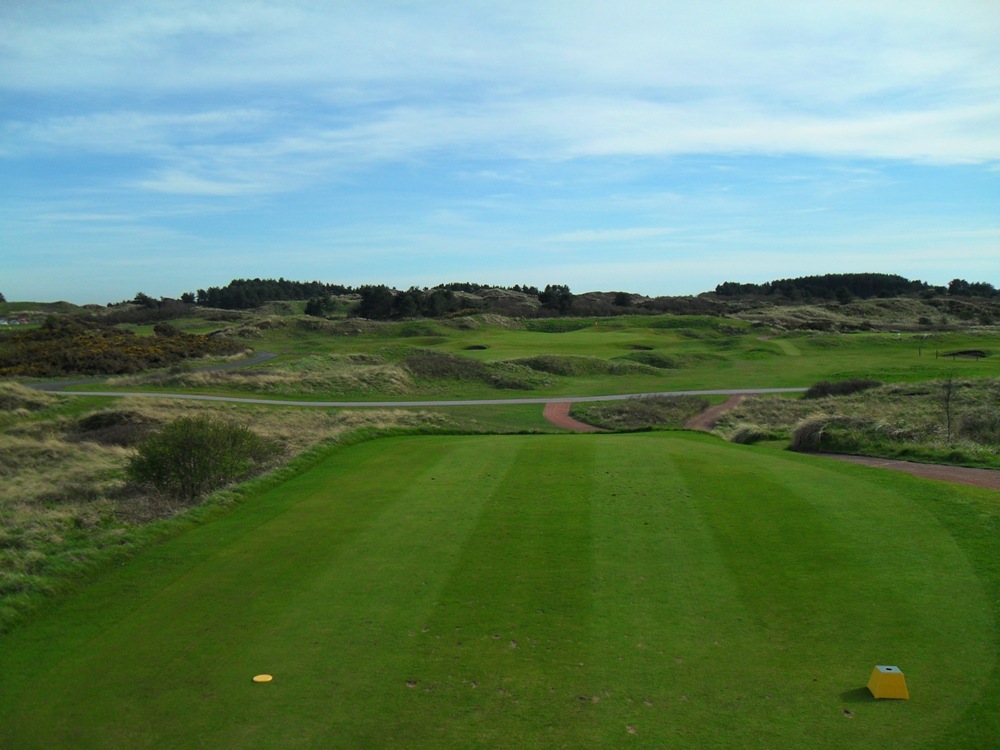 Yellow tees of a Par 3 on the Royal Birkdale golf course