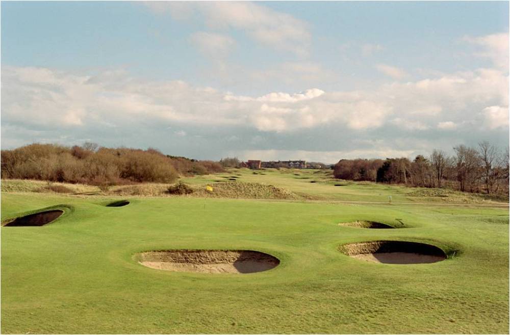 Green surrounded by bunkers at Royal Lytham and St Anne's golf course