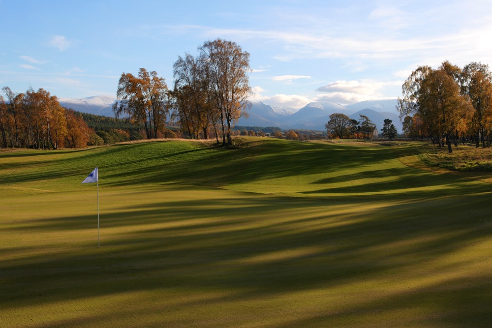1st green and mountains at Spey Valley