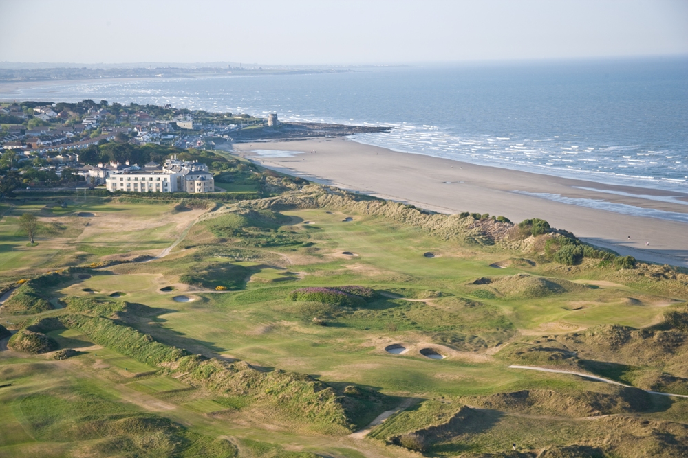 Aerial view of Portmarnock links and the town