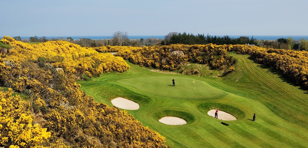 Golfers on the elevated green at Druids Glen Golf Course 