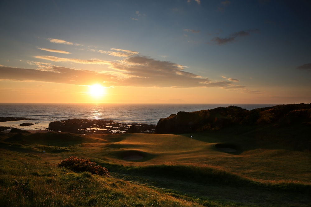 Sunset on the 8th green of the Kintyre golf course at Turnberry