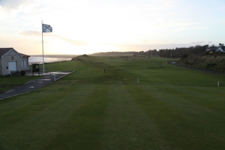 First tee and 18th green at Lundin Links