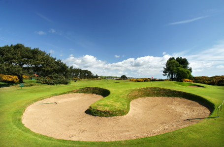 Bunker and green of the 13th hole on the Championship at Carnoustie Golf Links