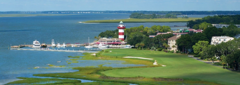 Vue aerienne du parcours Harbour Town en Caroline du Sud 