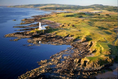 Aerial view of the light house on the Ailsa golf course at Turnberry