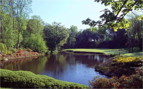 Green behind lake at Druids Glen Golf Course 