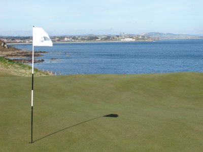 Sea behind the green at the Castle Course in St Andrews